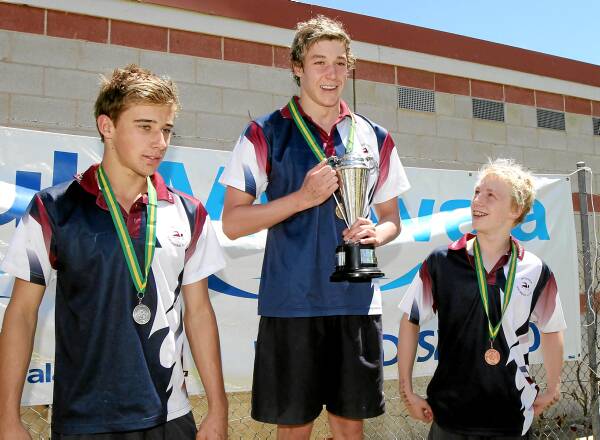 Winners of the 100-metre freestyle boys: 2nd Harrison Lowe, 14, of Wodonga, 1st, James Jarrous, 15, of Wodonga and 3rd Heath MacLeod, 13, of Wodonga.