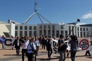 Protestors outside Parliament House in Canberra. PHOTO: Andrew Meares