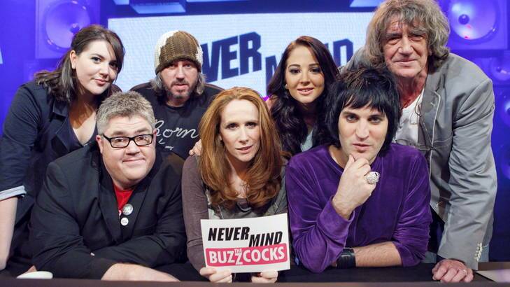 Regular team captains Phill Jupitus and Noel Fielding (front, left and right) and guest host Catherine Tate (middle) introduce Australia to <i>Never Mind the Buzzcocks</i>.