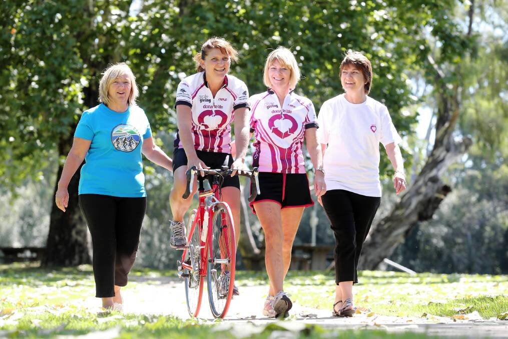 Elaine Hill, Tracy Jackson, Sharon Redding and Donna Sledziona won’t be taking such a casual approach when they line up for tomorrow’s Lake Hume Cycle Challenge. Picture: JOHN RUSSELL