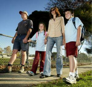The Allen family walks from Wodonga Primary School to their nearby home: Darren and Chloe, 8, who is in grade 3, Janelle and Sam Allen, 11, who is in grade 5. Picture: MATTHEW SMITHWICK