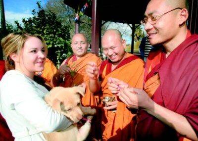 l Yackandandah’s Marley Howlett, her dog, Peppa, with the Tibetan monks at Yackandandah. Picture: RAY HUNT