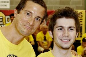 Bear Grylls and Albury man Jimmy Ladgrove after their game of Aussie Pong.