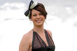 Kaly Eames models a St Vincent de Paul headband ($6) and dress ($10) at the Albury Turf Club. Pictures: DAVID THORPE