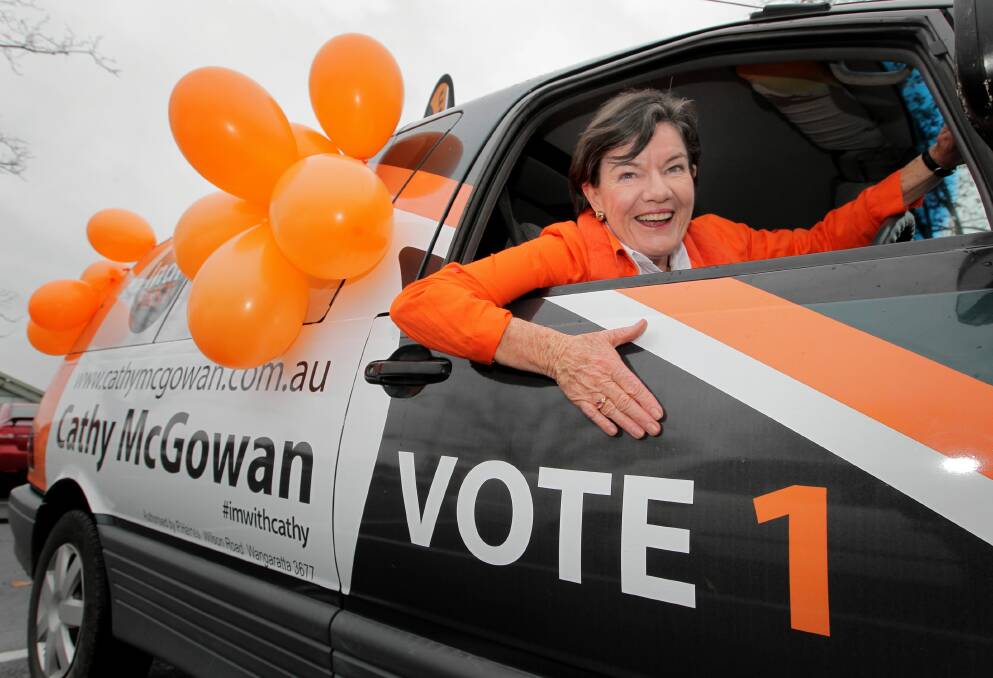 Independent candidate for Indi Cathy McGowan takes her campaign van for a spin yesterday. Picture: DAVID THORPE