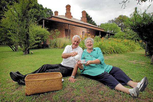 Henry Handel Richardson society member Rex Fuge and Lake View manager Beryl Pickering try a trial-run picnic. Picture: TARA GOONAN