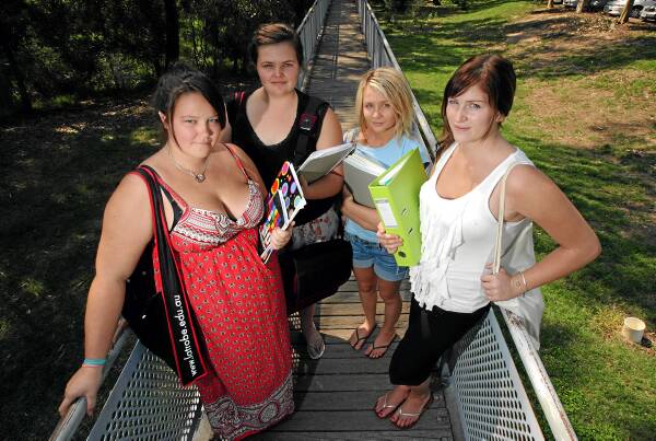 Wodonga university students Kate Robinson, Annalyse Carroll, Aisha Weismantel, and Julie Carden will be disadvantaged under changes to the youth allowance. Picture: KYLIE GOLDSMITH