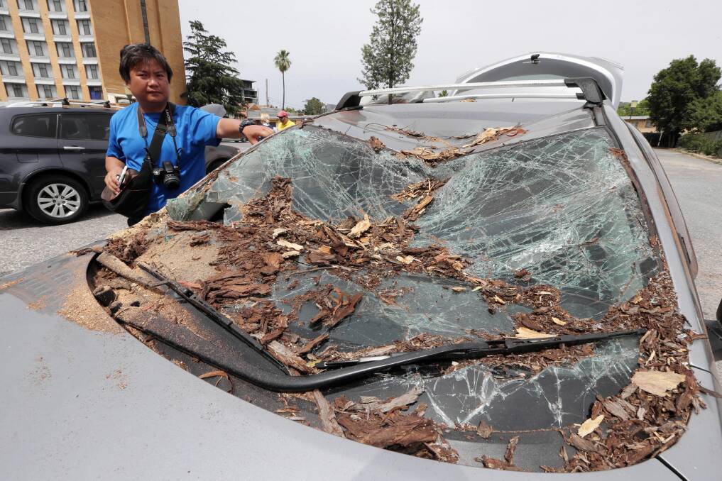 Sydney’s Yanci Yu couldn’t believe his luck when his car was crushed by a fallen tree branch at Rydges. Pictures: PETER MERKESTEYN