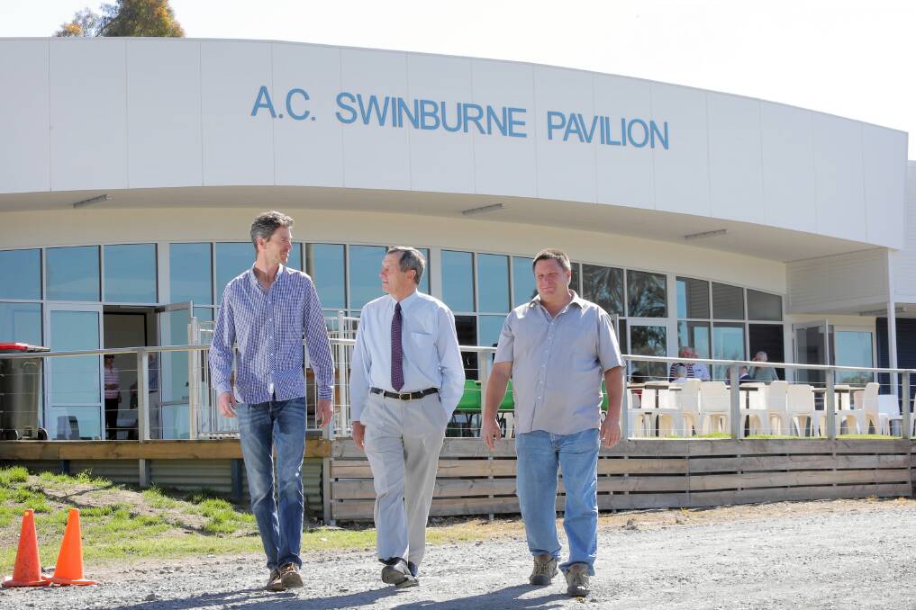 Recreation Reserve committee president Warren Proft, member for Benalla Bill Sykes and King Valley Football Club’s Bruce Uebergang outside the refurbished centre. Pictures: TARA GOONAN