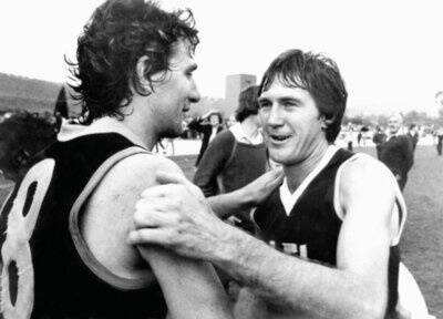 Albury coach Tom Doolan and Wodonga coach David McLeish after the 1981 Ovens and Murray Football League grand final at Lavington.
