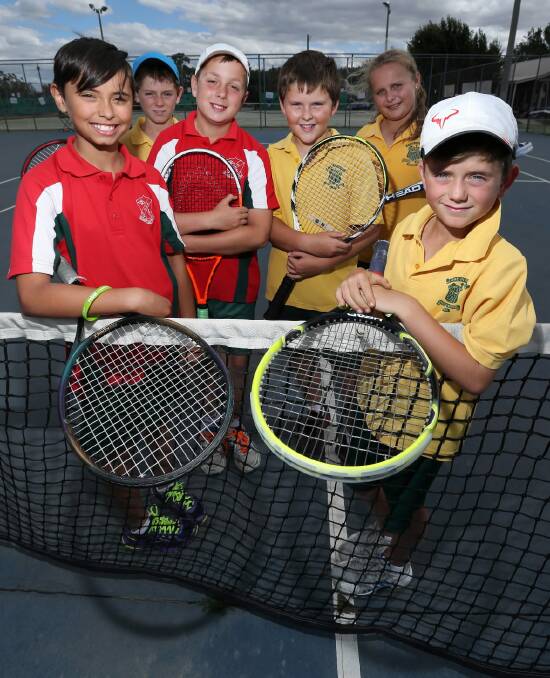 Cameron Goss, 10, Patrick Parnell, 11, Liam Rhodes, 11, Angus Barlow, 11, Lara Wighton, 11, and Rory Parnell, 8, are part of the Wagga Diocese tennis team. Picture: MATTHEW SMITHWICK