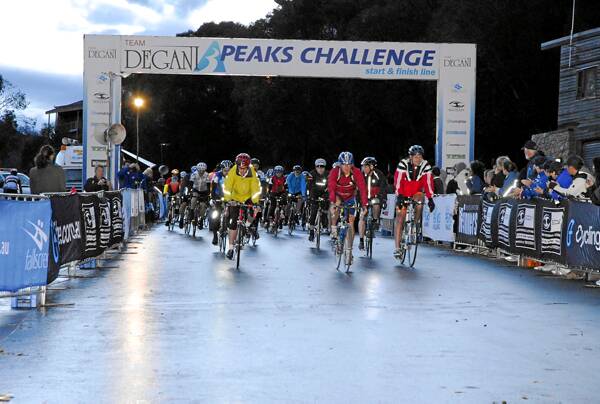 Riders at the start of the 3 Peaks Challenge head off into the high country with a gruelling 230km ahead. Picture: KEN BELL