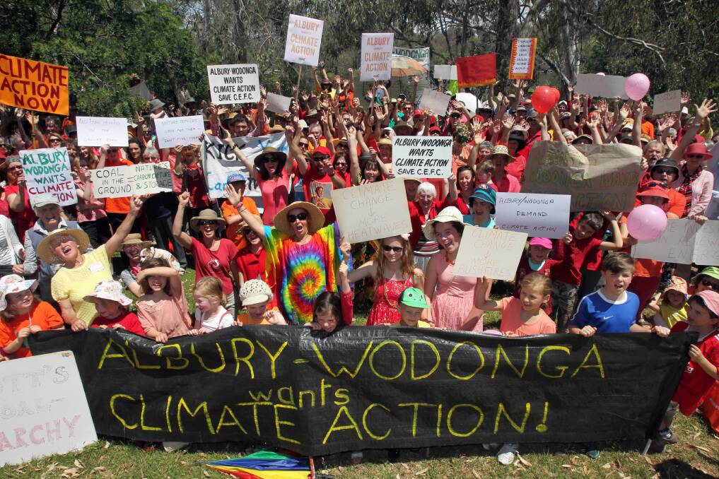 Border residents gathered at Hovell Tree Park for a climate change protest. Picture: MARK JESSER