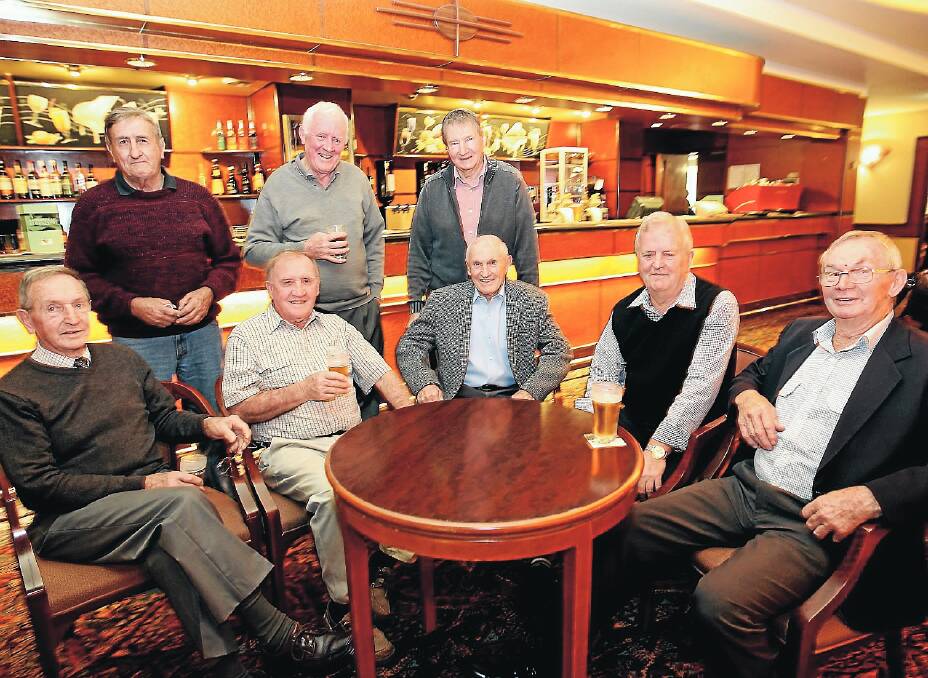 Dick Prior, Dick Grimmond, Alan Chapman, Tony Ratcliffe, Les Waldron, Joe Ratcliffe, Don Anderson and Desmond Ratcliffe caught up for a chat ahead of Balldale’s 1962 and 1972 premiership reunion. Picture: PETER MERKESTEYN