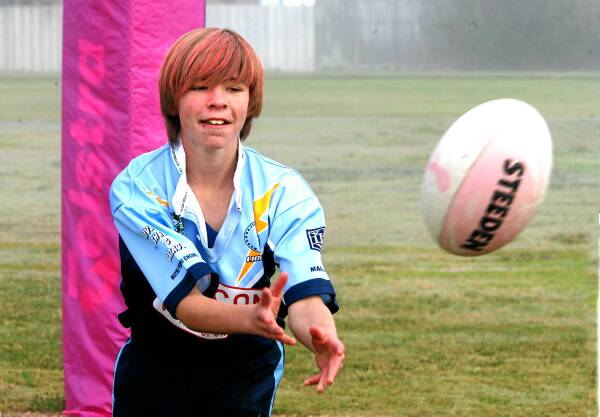 Victorian representative Mitchell Mann at last month’s Wodonga Junior Rugby League pink day. Picture: RAY HUNT