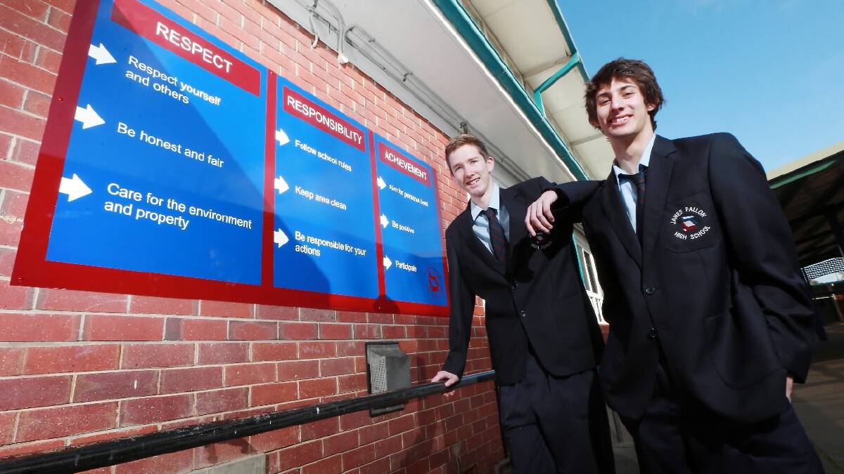 James Fallon High School students Ryan Milgate, 17, and Jake Austin, 17, both year 12, are part of a Positive Behaviour for Learning program being launched this week at the school focusing on rewarding good acts rather than punishing bad ones. Picture: JOHN RUSSELL