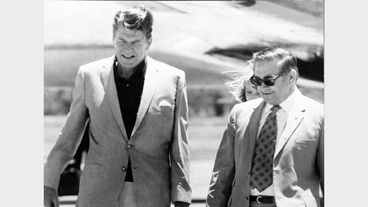 FORMER Albury mayor Mr Tom Pearsall in November, 1973, with the then Governor of California, Ronald Reagan, at Albury airport. Mr Reagan was visiting Australia and had taken time out from his schedule to spend a quiet weekend at Woomargama Station near Holbrook. Mr Reagan flew to Albury from Canberra on a VIP aircraft before being whisked away to Holbrook in a private car.
