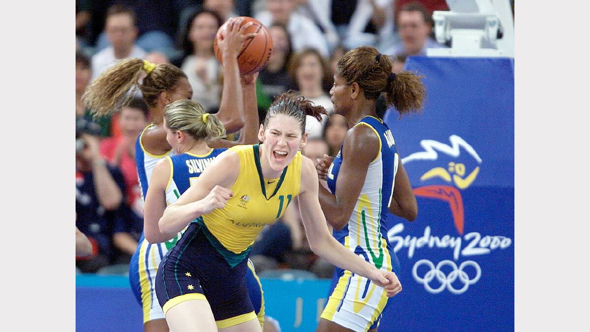 Lauren Jackson reacts during the match against Brazil in the women's basketball preliminaries at the 2000 Olympic Games in Sydney.