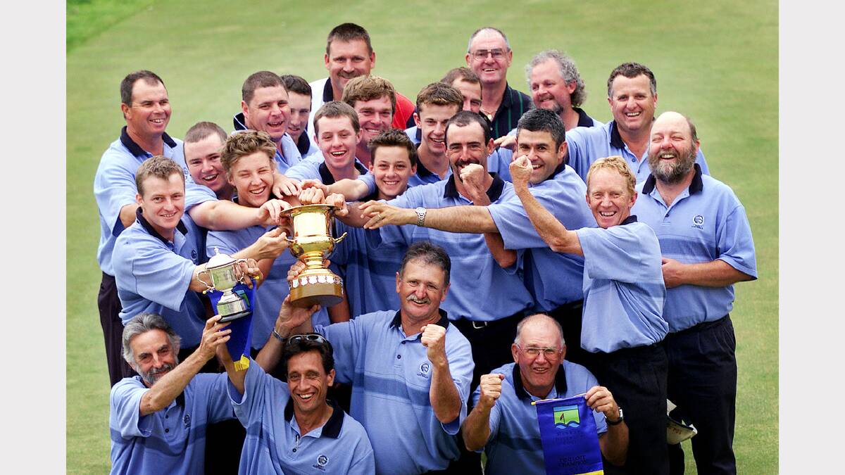 The two winning Thurgoona teams celebrate the win over Wodonga in the MDGA pennant final at the Albury Golf Club. Picture: SIMON DALLINGER