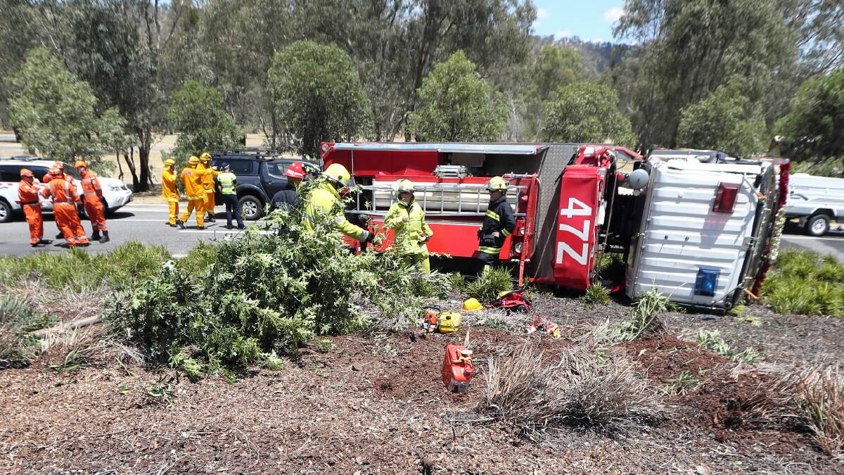 The CFA tanker that rolled on Anzac Parade this afternoon. Picture: JOHN RUSSELL