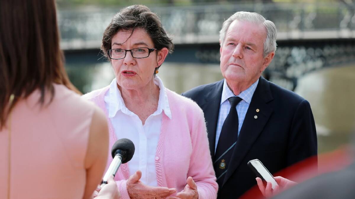 Cathy McGowan and former MP Ken Jasper field questions from the media at Wangaratta yesterday. Picture: JOHN RUSSELL