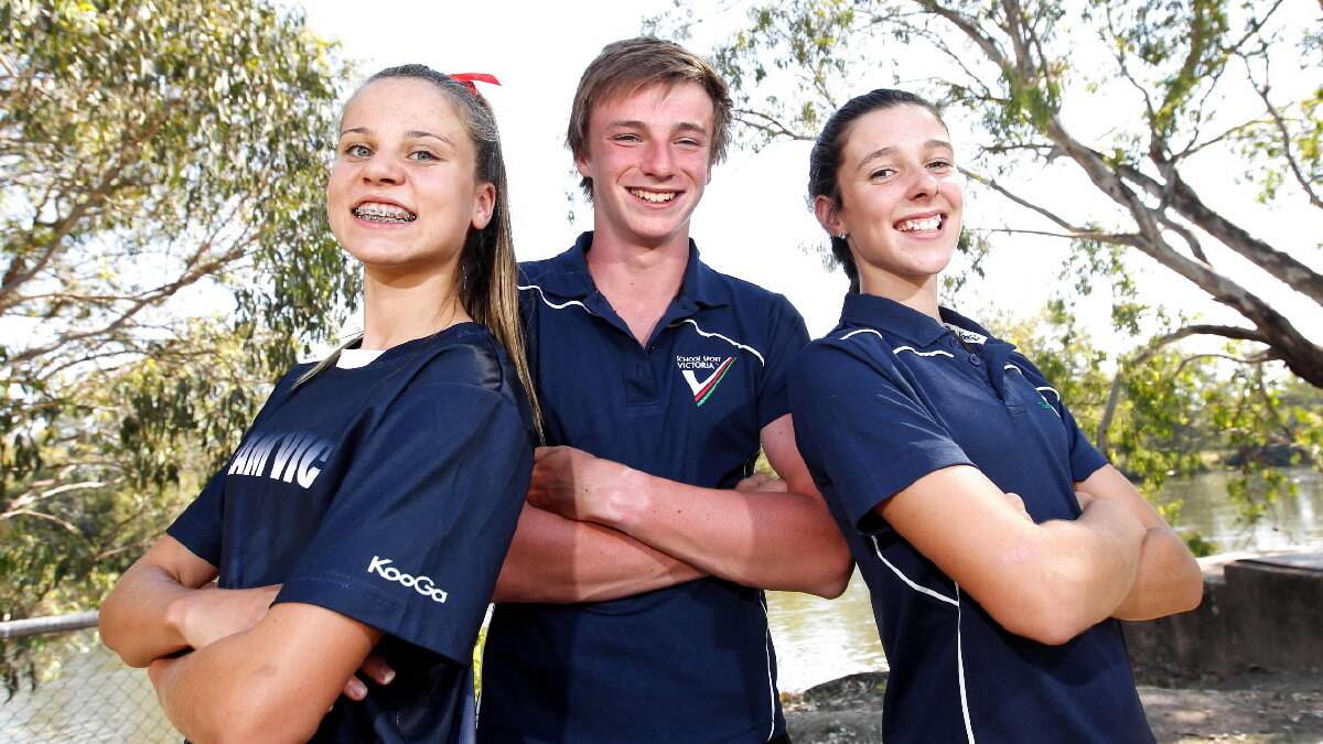 Ella Maclean, Patrick North and Emily Crispin, all 13, are off to the National All Schools Triathlon championships in Bendigo. Picture: BEN EYLES