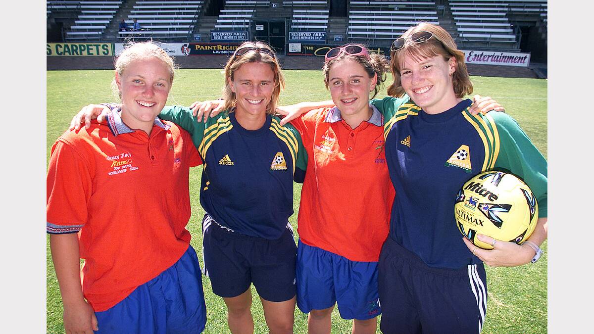 The Matildas will be playing against South Korea at Lavington Sports Oval. Amy Chapman, Julie Murray and Georgia Chapman with Matilda Kate McShea. Picture: MARK DALLINGER