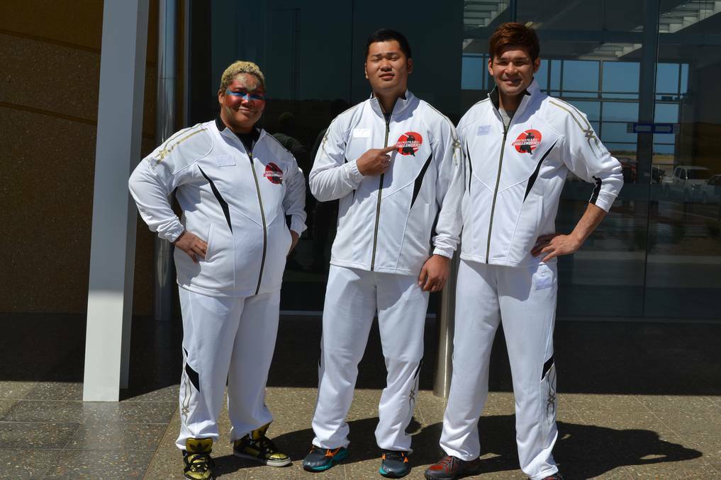 Ms Aja Kong, Mr Hiroki Akoh, and host Shoei were excited to be in Port Lincoln ahead of Tunarama to film the festival. Pic: Port Lincoln Times