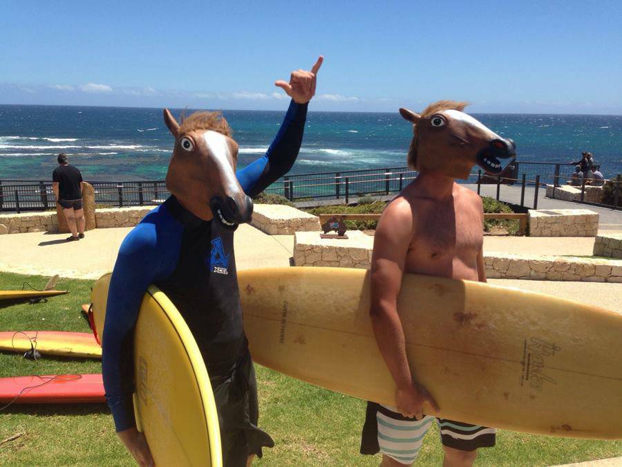 Going horse: Nick Boyd and Tom Innes at the Single Fin Challenge at Surfers Point. Pic: Augusta-Margaret River Mail