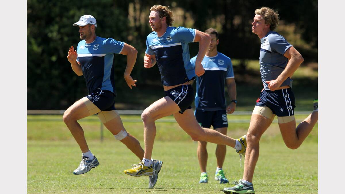Geelong Football Club trains at the Mt Beauty football ground for the AFL pre-season. Nathan Vardy, Dawson Simpson and Trent West stride out.