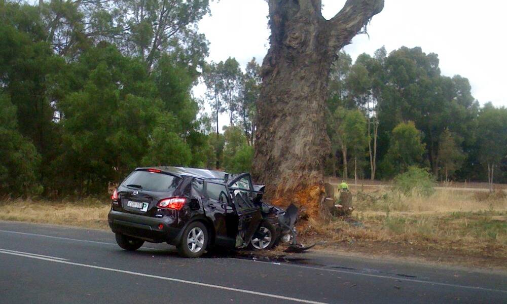 The car in which the young woman died on the Murray Valley Highway. Picture: COBRAM COURIER