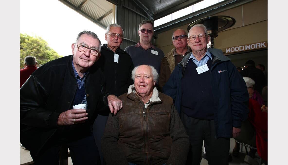 Barry Donovan, Frank Jenkins, Gary Taylor, Barry Cross, Geoff Anderson, and Martin Kleeman, members of the Howlong Men's Shed, attending the launch of the Henty and District Men's Shed.