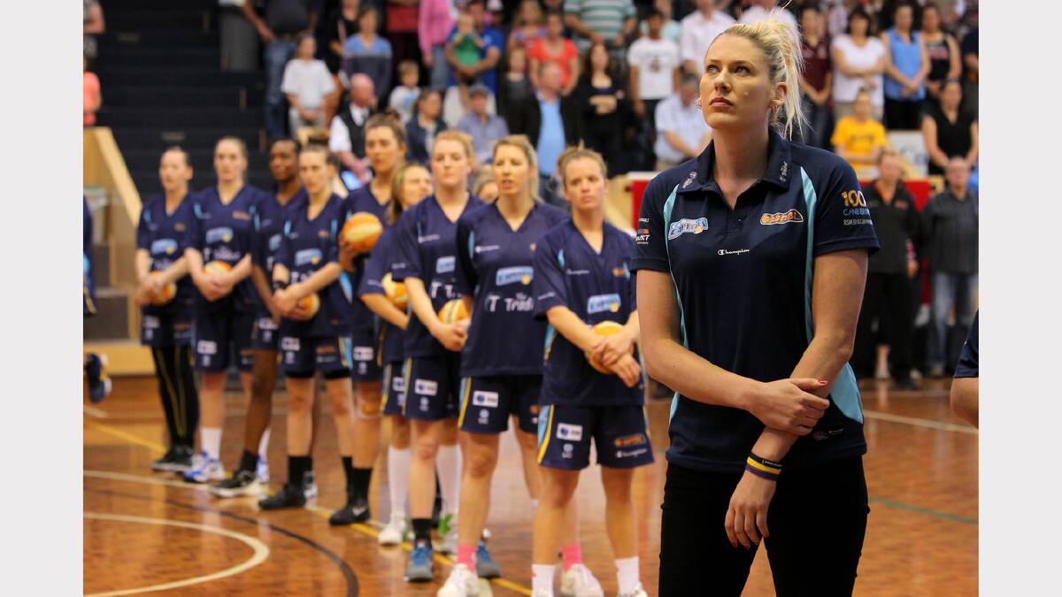 Lauren Jackson stands for the national anthem before the WNBL match between Canberra Capitals and Bendigo Spirit at the Lauren Jackson Sports Centre. PICTURE: Matthew Smithwick.