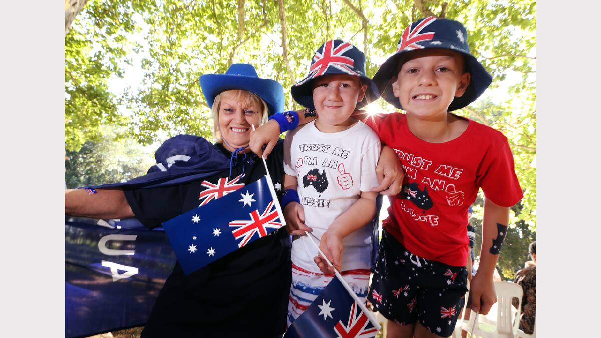 Wangaratta. Colleen O'Shanassy with her grandsons Bailey Ballard, who turns 6 today, and Thomas Ballard, 9, in King George V Gardens. PICTURE: John Russell.