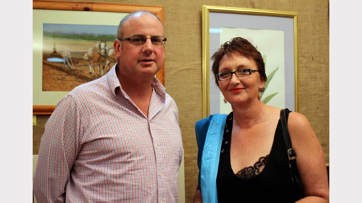 Matt Jones and Fiona Van Derweyde at the opening of Buds Art Group sale and exhibition at the Thurgoona Community Hall. 