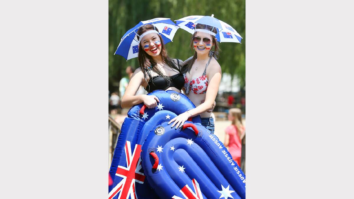 Phoebe Laing, 14, and Melissa Jukes, 15, both of Deniliquin, enjoying fun in the sun at Bright. PICTURE: John Russell.