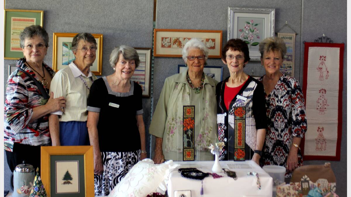 Rosemary Voss, Pam Haskew, Beryl Stean, Joan Whitsed, Aileen Tetu and Ann Denmead at the Embroiderers Guild Victoria Albury-Wodonga branch 20th birthday at Mirambeena Community Centre