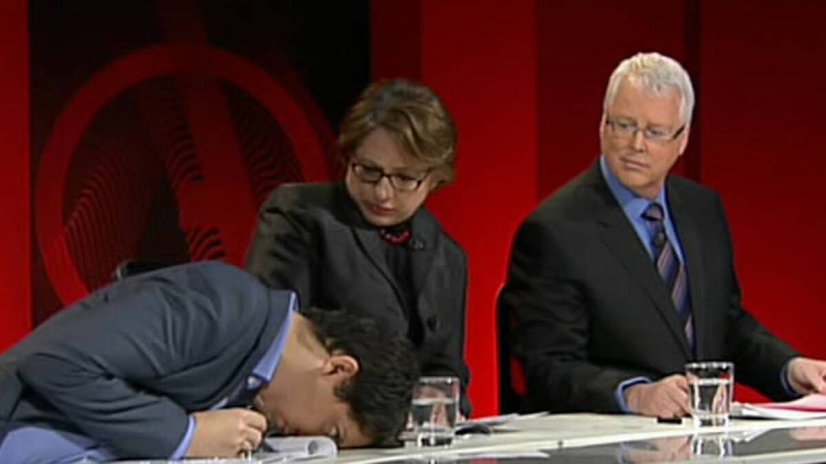 Sophie Mirabella looks on as fellow Q&A panellist Simon Sheikh suffers an apparent seizure last night. Picture: ABC