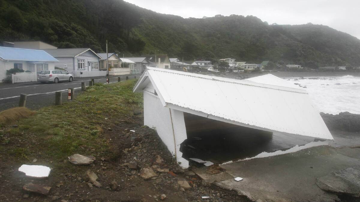 A crushed boatshed in Wellington. Picture: PHIL REID