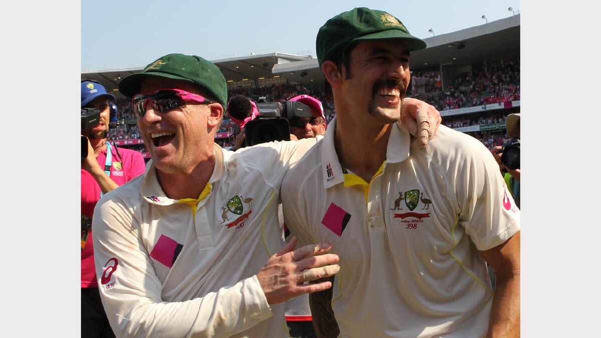 Brad Haddin and Mitchell Johnson congratulate each other after the match. 