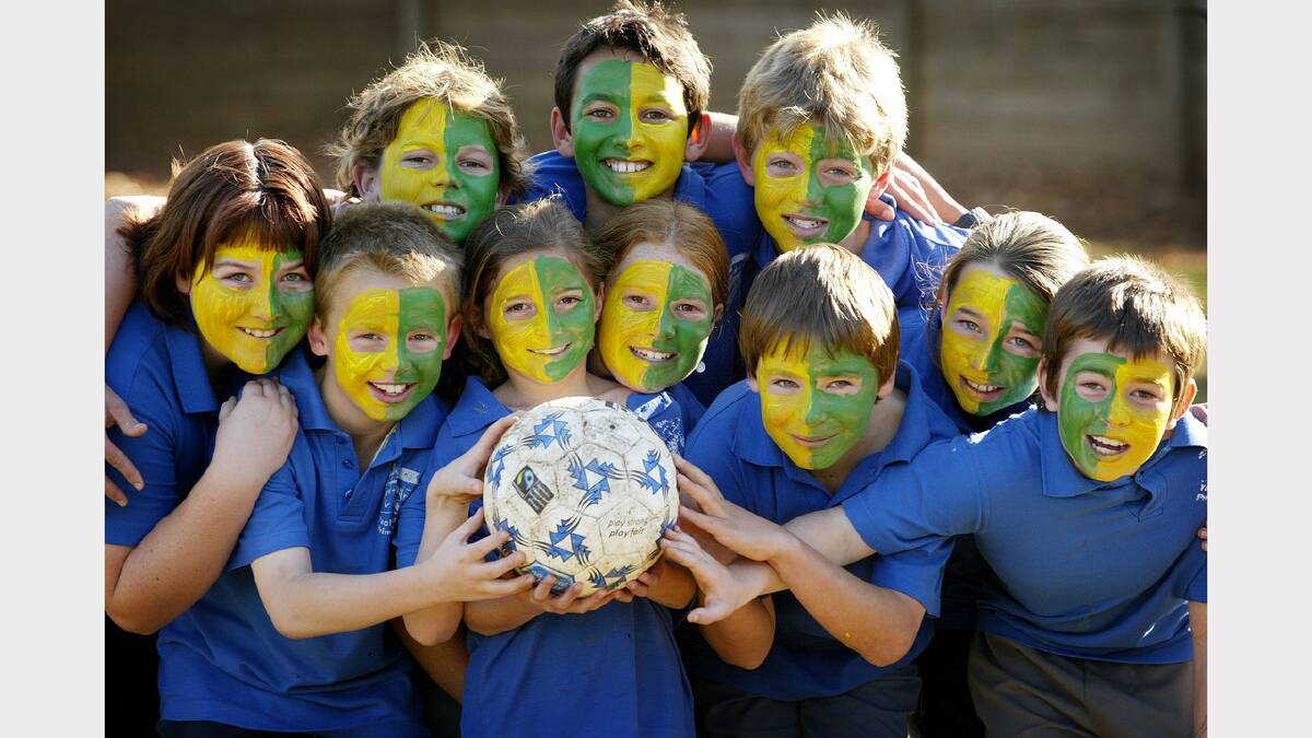 Yackandandah Primary School students getting into World Cup spirit in 2006 as former student, Josh Kennedy, used to go to their school. 