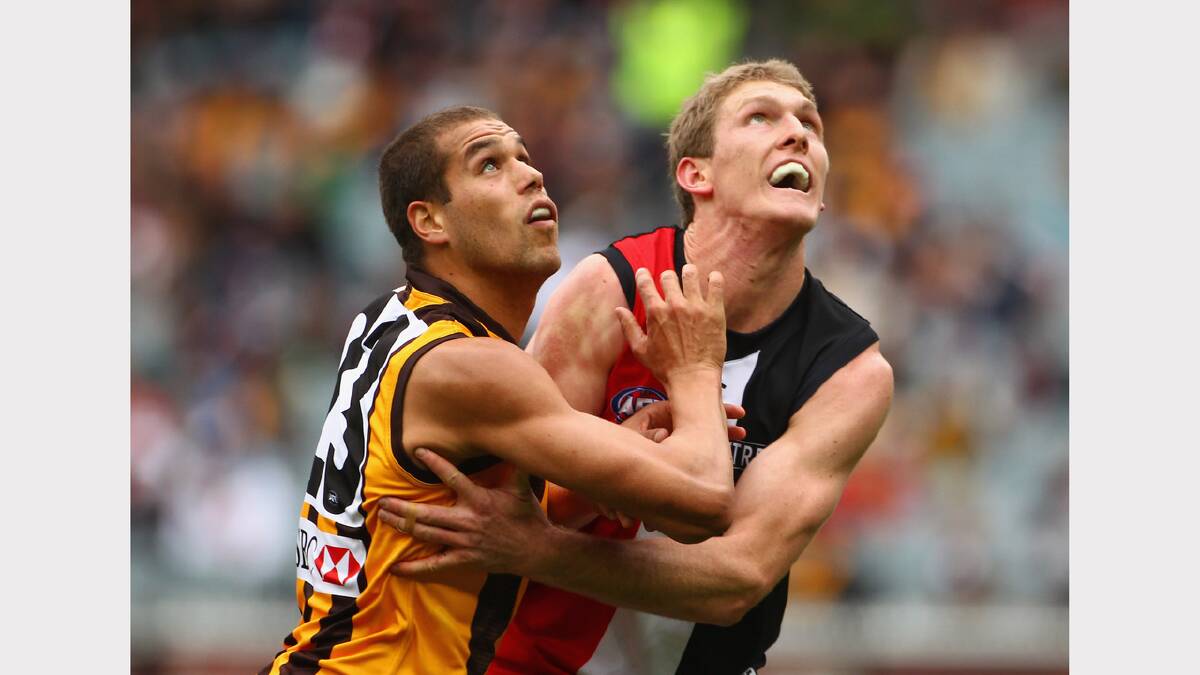 Lance Franklin of the Hawks challenges Ben McEvoy of the Saints during the round eight AFL match between the Hawthorn Hawks and the St Kilda Saints. Picture: GETTY IMAGES