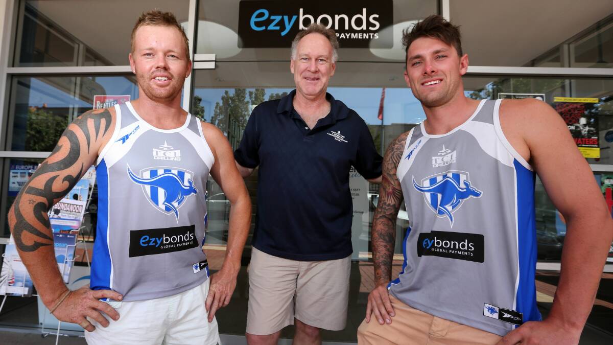 Ash Sibraa (left) and Trent Castles (right) will co-coach Yackandandah as the Roos aim to return to finals. Their chances have been boosted by 17 recruits, and Ezybonds boss Allan Endresz jumping on board as a sponsor. Picture: MATTHEW SMITHWICK