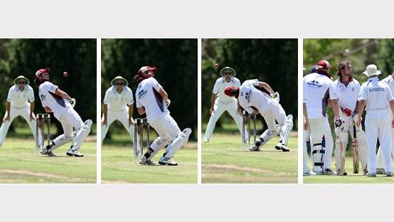 Wodonga batsman Clint De Bortoli is struck in the head by a Ryan de Vries delivery. Picture: MATTHEW SMITHWICK