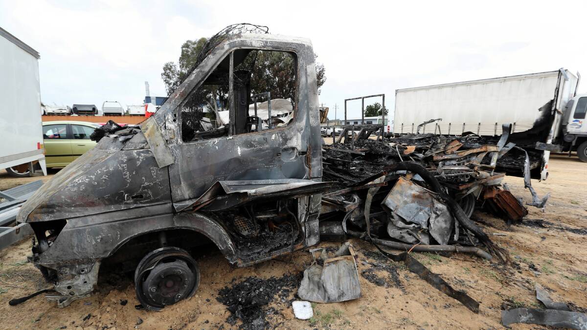 The remains of a burnt-out Winnebago campervan after it was moved to Complete Body Craft panelbeaters in Rutherglen. Picture: MATTHEW SMITHWICK