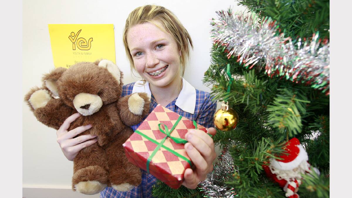 Jindera's  Laura Fulford, 14, promoting the Yes Youth and Family Services Giving Tree christmas present drive for disadvantaged children. Picture: KYLIE ESLER
