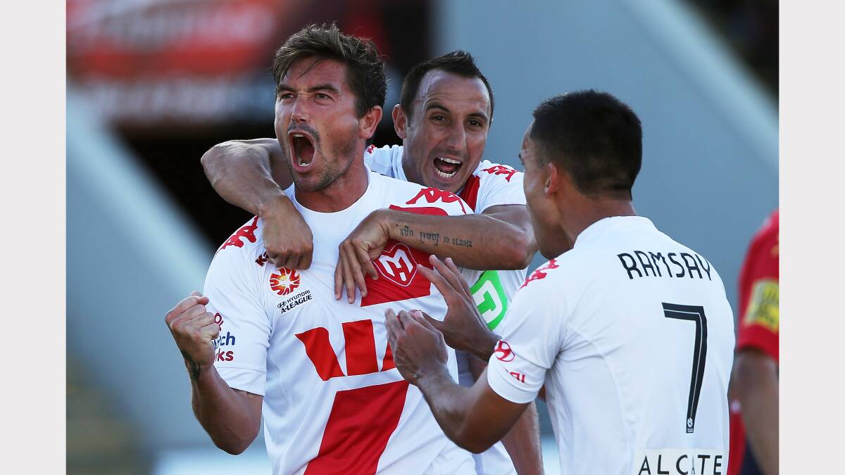 Heart's Harry Kewell celebrates after scoring from a penalty shot during the round 16 A-League match between Adelaide United and the Melbourne Heart  Picture: GETTY IMAGES