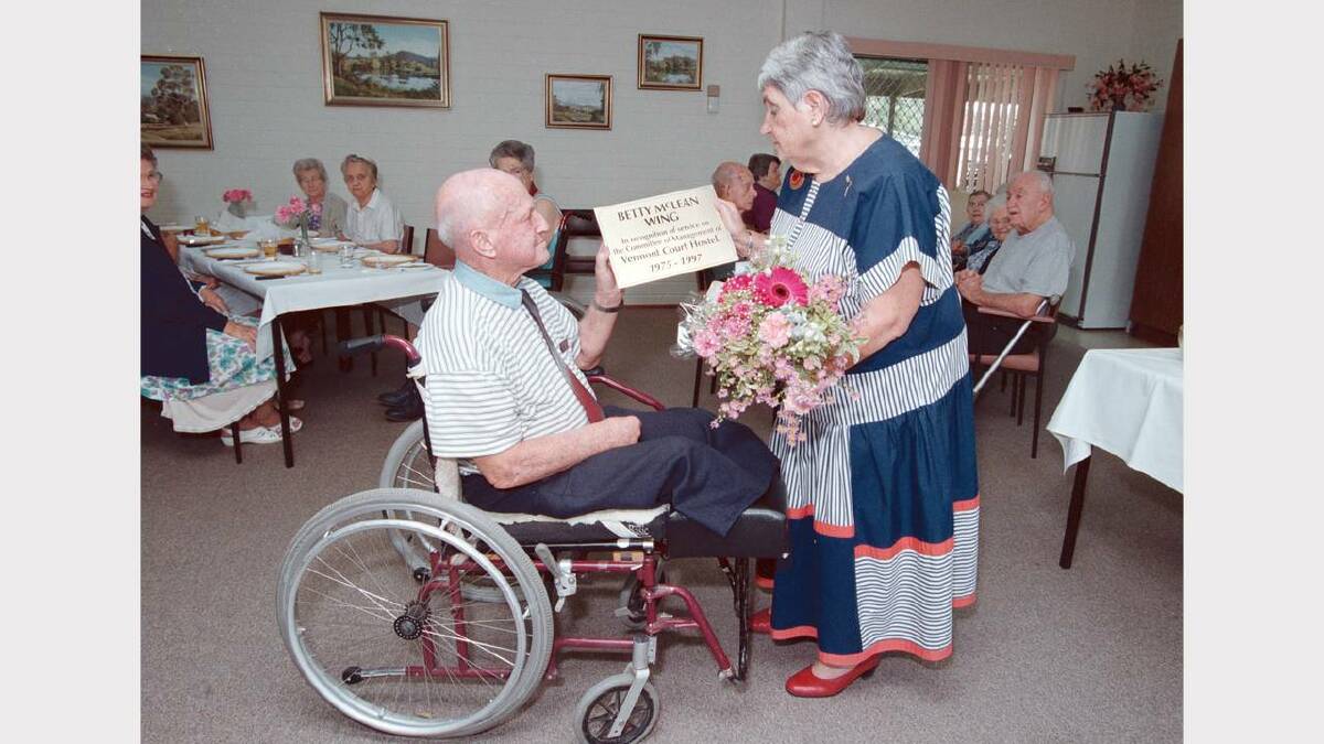 1998 -  Noel Scammell who has been a resident at the hostel for the last 3 years made a presentation of flowers and the plaque to go onto the 'Betty McLean Wing' to Betty McLean who was on the Board of Vermont Crt Hostel's Board of Management for 23 years.