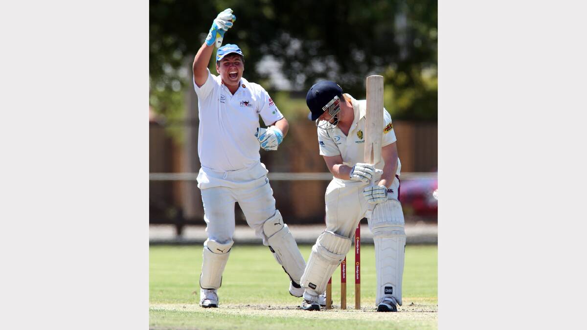 New City wicket-keeper Caleb Hobbs reacts after catching North's James O'Donnell.