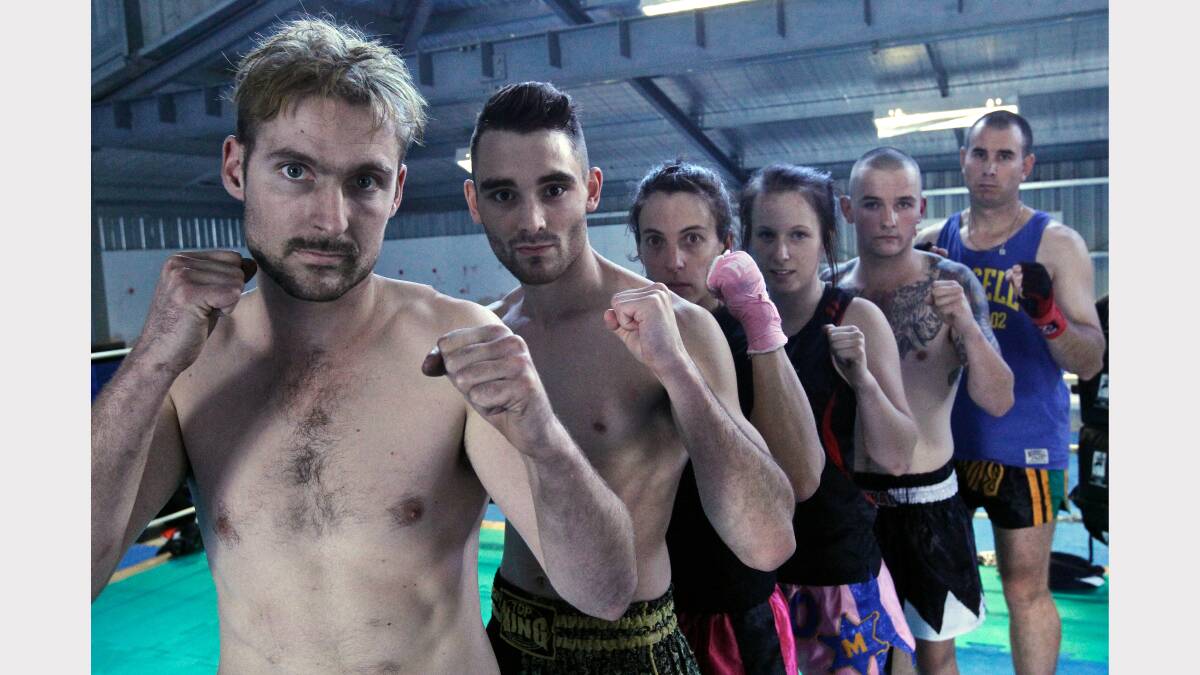 Mollie Quirk, Karlie Hodgkin, Drew Quirk, Pete Shannon, Mat Morley and Pat Middleton are ready for the next Muay Thai kickboxing round. Picture: BEN EYLES
